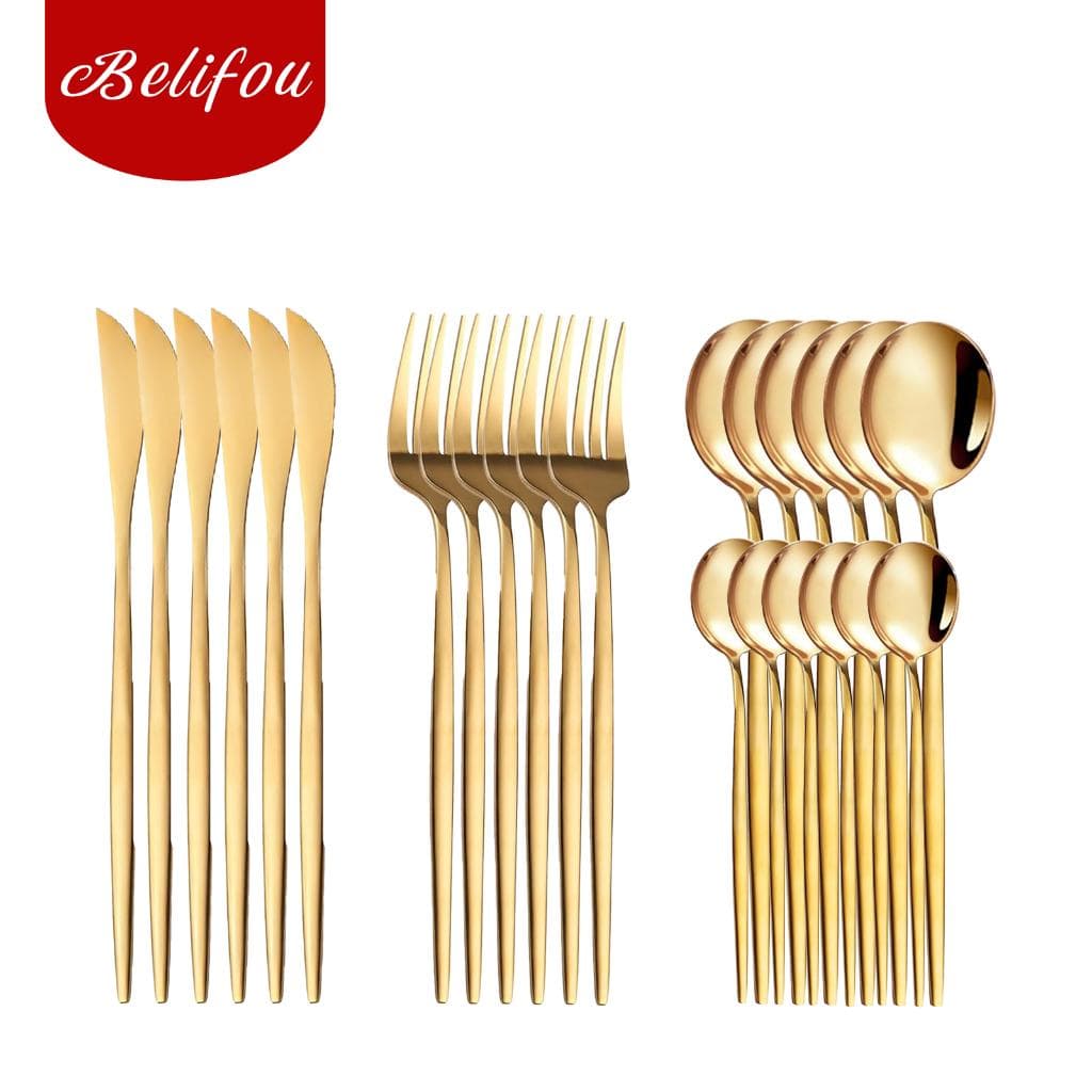 Belifou Kit 24 Jogo de Talheres Inoxidável Dourado